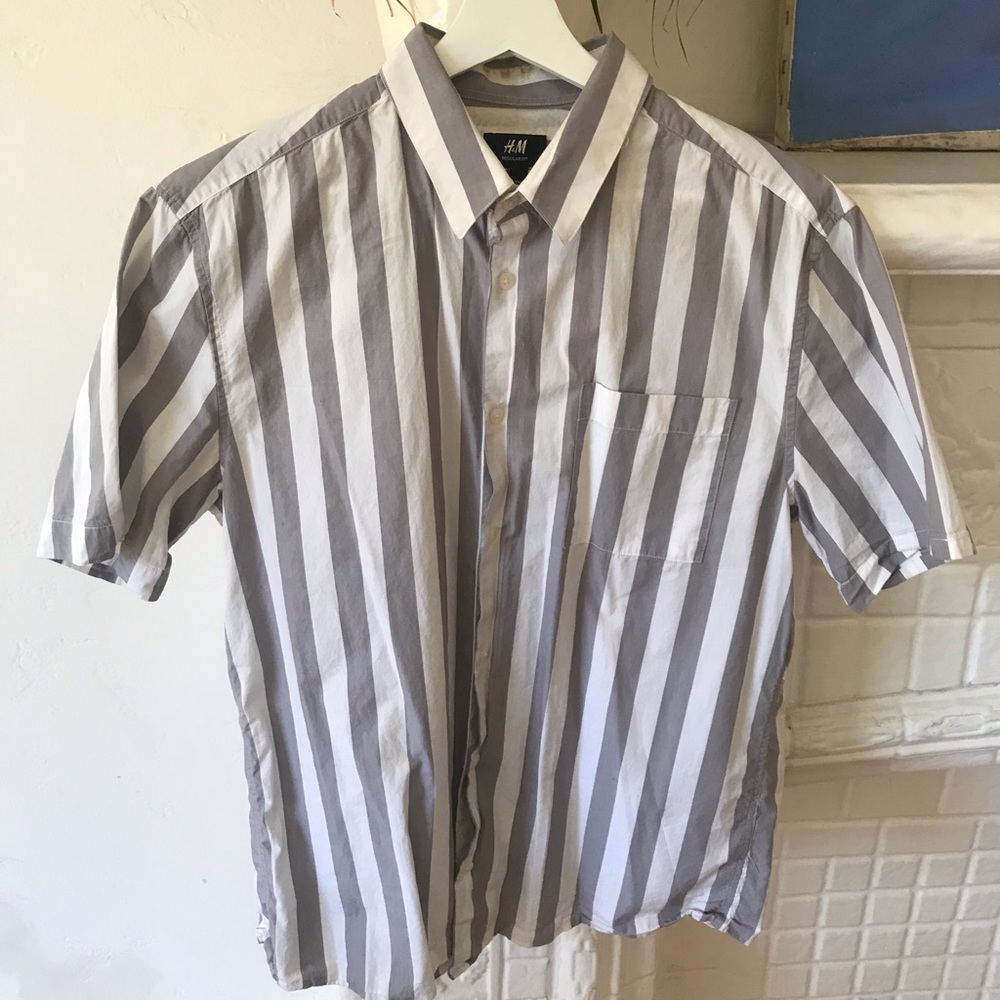 H&M button down shirt. Gray/white stripes.